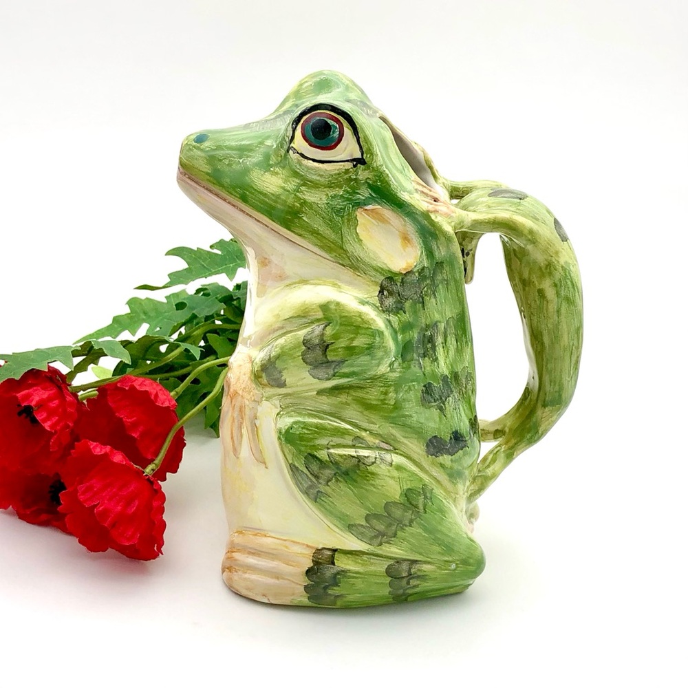 Majolica Frog Pitcher With Salamander Relief Handle Ceramica Del Cardello Italy